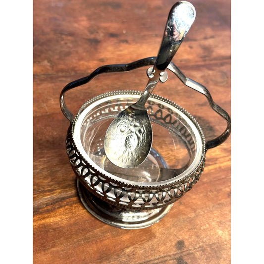 Glass Chrome plated filigree Dish holder with matching spoon for Jam,Sugar,Salt Made in England