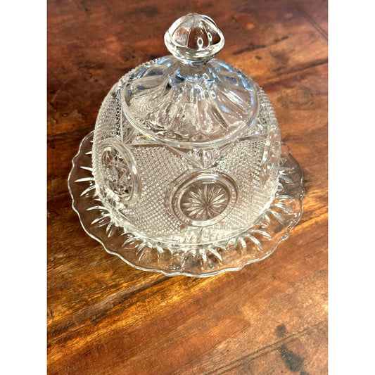 Early American Pattern Vintage Diamond Cut Glass Round Covered Butter Dish