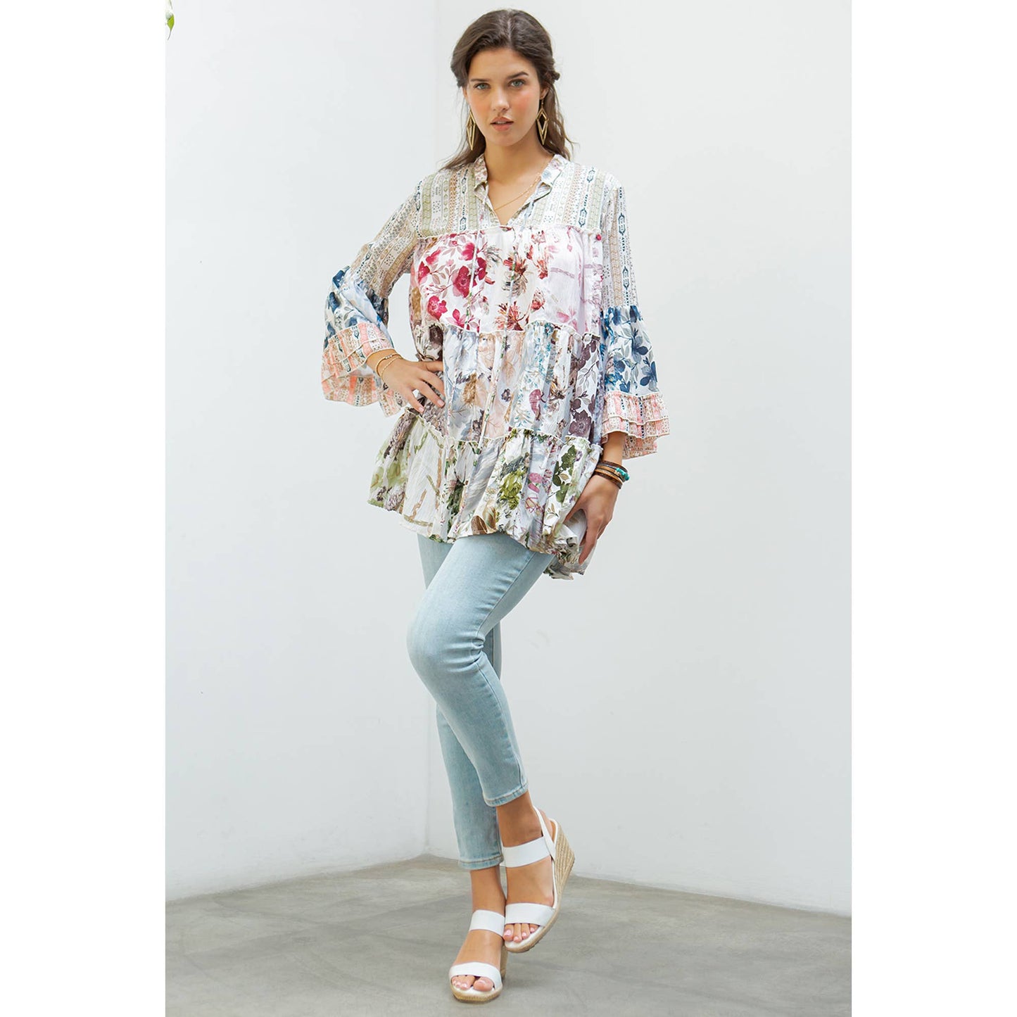 3/4 Sleeve Patchwork Western Jhabla Top With Chinese Collar: IVORY / Large