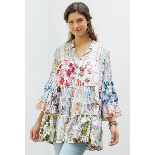 3/4 Sleeve Patchwork Western Jhabla Top With Chinese Collar: IVORY / Large